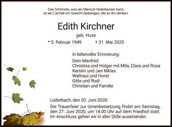 Todesanzeige von Edith Kirchner von WRS