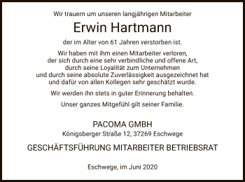 Todesanzeige von Erwin Hartmann von WRS