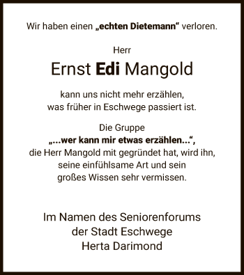 Todesanzeige von Ernst Mangold von WRS