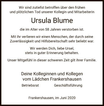 Todesanzeige von Ursula Blume von WRS