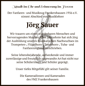Todesanzeige von Jörg Sauer von WRS