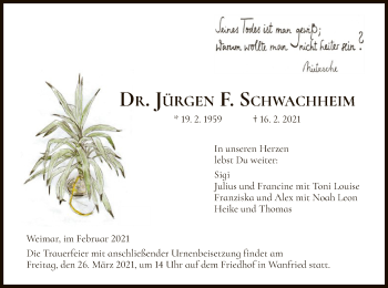 Todesanzeige von Jürgen F. Schwachheim von WRS