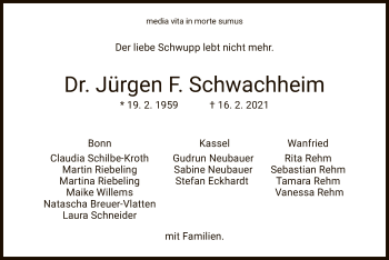 Todesanzeige von Jürgen F. Schwachheim von WRS