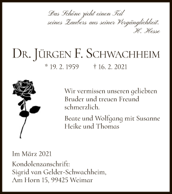 Todesanzeige von Jürgen F. Schwachheim von WRS