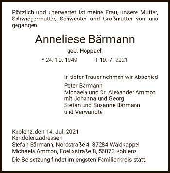Todesanzeige von Anneliese Bärmann von WRS