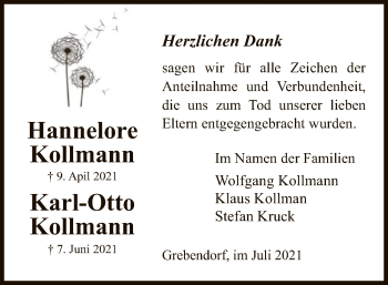 Todesanzeige von Hannelore und Karl-Otto Kollmann von WRS