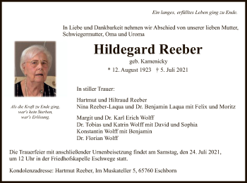 Todesanzeige von Hildegard Reeber von WRS