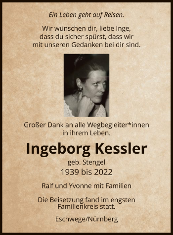 Todesanzeige von Ingeborg Kessler von WRS