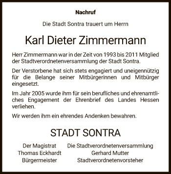 Todesanzeige von Karl Dieter Zimmermann von WRS