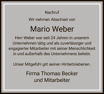 Todesanzeige von Mario Weber von WRS
