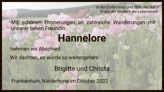 Todesanzeige von Hannelore  von WRS