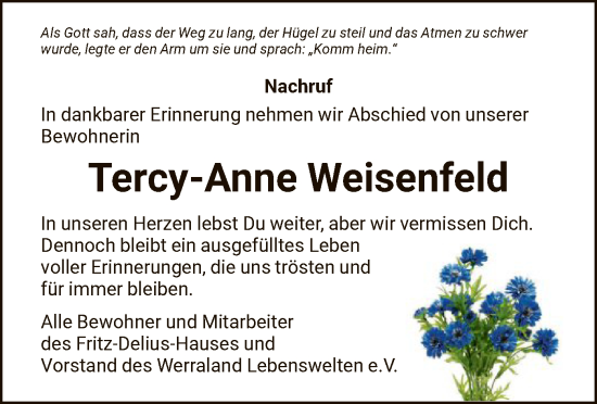 Todesanzeige von Tercy-Anne Weisenfeld von WRS