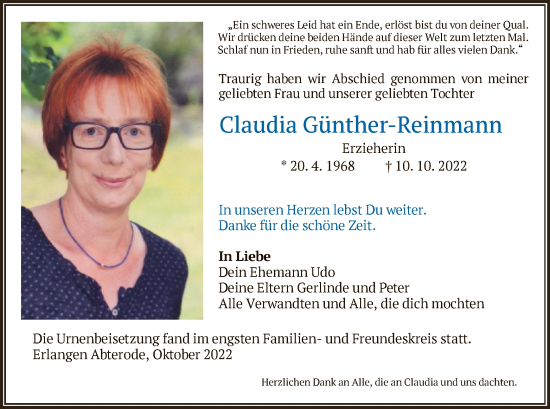 Todesanzeige von Claudia Günther-Reinmann von WRS