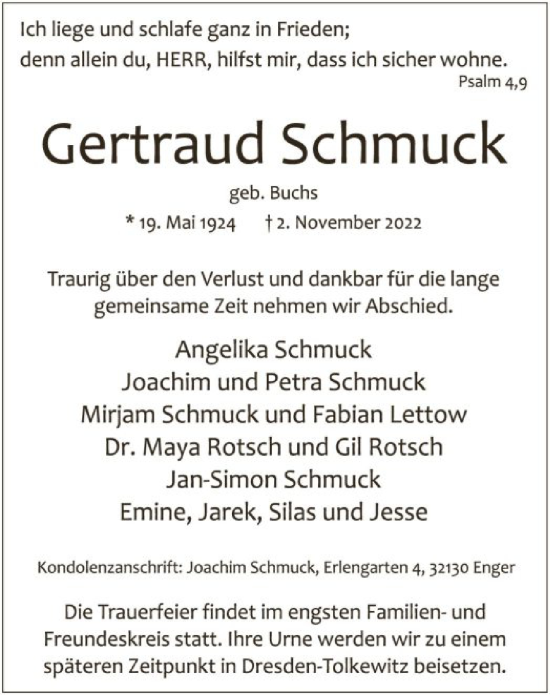 Todesanzeige von Gertraud Schmuck von WRS