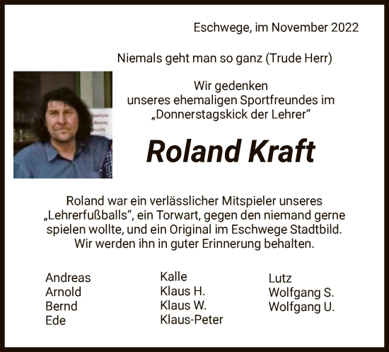 Todesanzeige von Roland Kraft von WRS