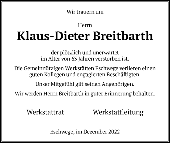 Todesanzeige von Klaus-Dieter Breitbarth von WRS