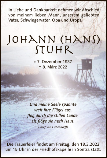 Todesanzeige von Johann Stuhr von WRS