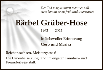 Todesanzeige von Bärbel Grüber-Hose von WRS