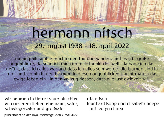 Todesanzeige von Hermann Nitsch von HNA