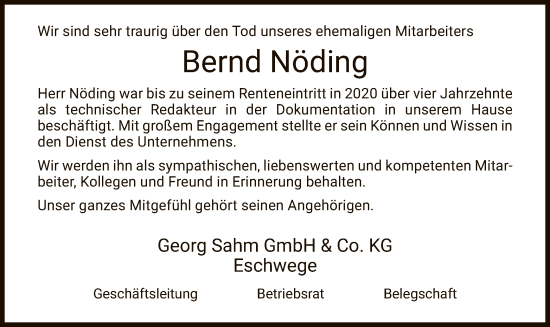 Todesanzeige von Bernd Nöding von WRS