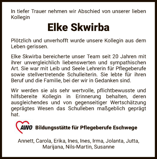 Todesanzeige von Elke Skwirba von WRS