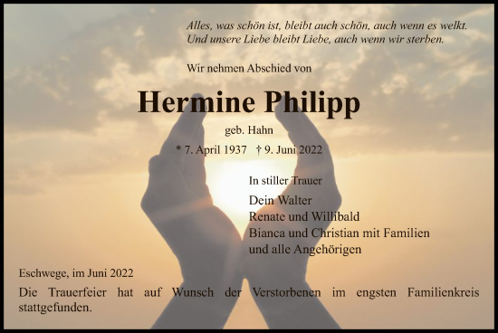 Todesanzeige von Hermine Philipp von WRS