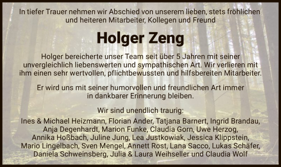 Todesanzeige von Holger Zeng von WRS