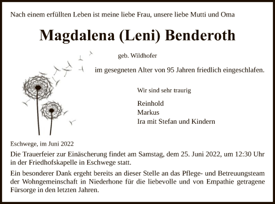 Todesanzeige von Magdalena Benderoth von WRS