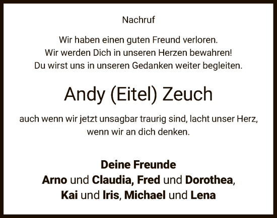 Todesanzeige von Andy  Zeuch von WRS