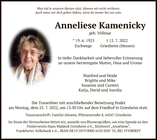 Todesanzeige von Anneliese Kamenicky von WRS