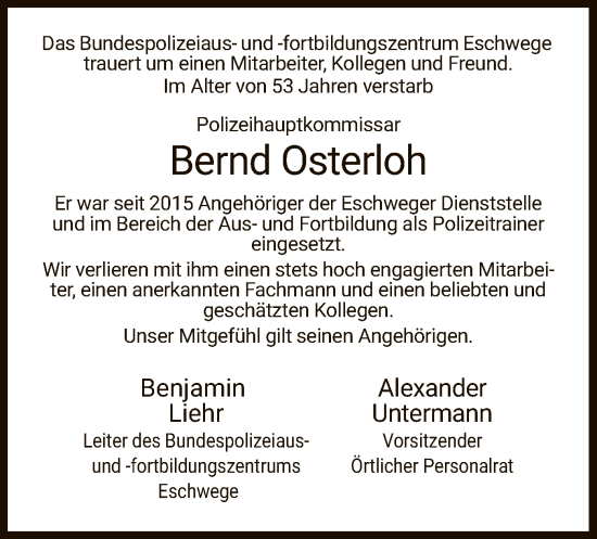 Todesanzeige von Bernd Osterloh von WRS