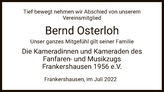 Todesanzeige von Bernd Osterloh von WRS
