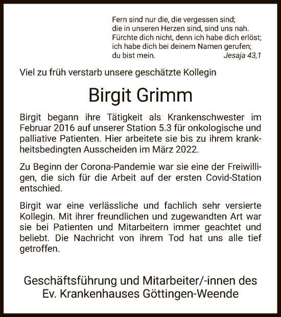 Todesanzeige von Birgit Grimm von WRS