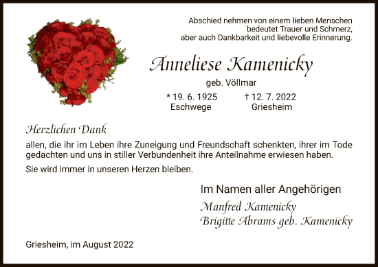 Todesanzeige von Anneliese Kamenicky von WRS