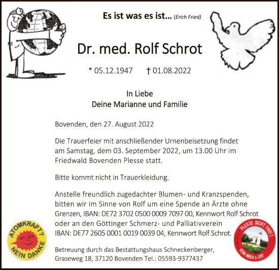 Todesanzeige von Rolf Schrot von HNA