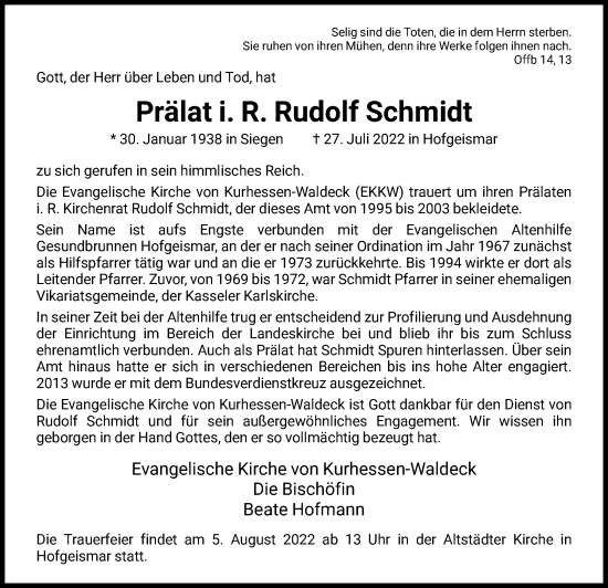 Todesanzeige von Rudolf Schmidt von HNA