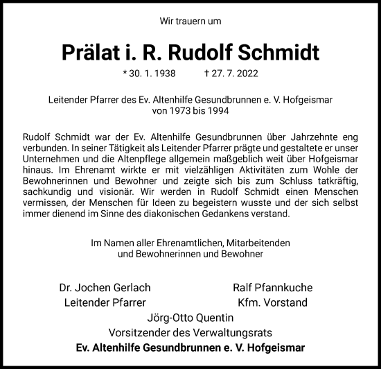 Todesanzeige von Rudolf Schmidt von HNA