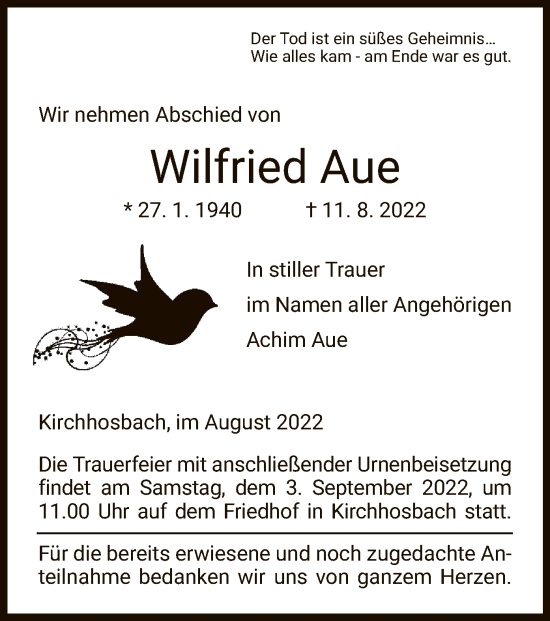 Todesanzeige von Wilfried Aue von WRS