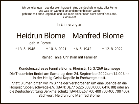 Todesanzeige von Heidrun und Manfred Blome von WRS