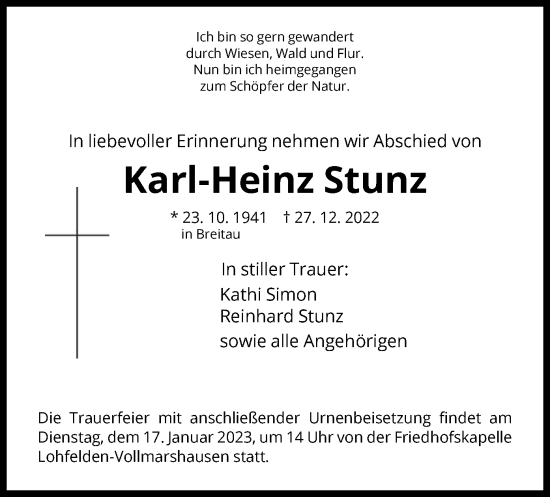 Todesanzeige von Karl-Heinz Stunz von WRS