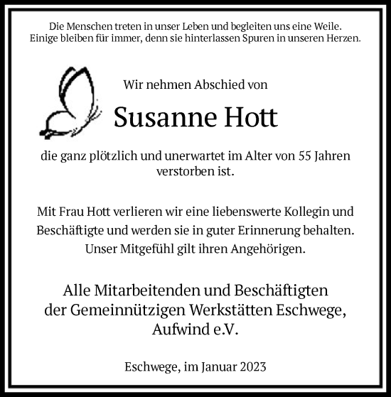 Todesanzeige von Susanne Hott von WRS