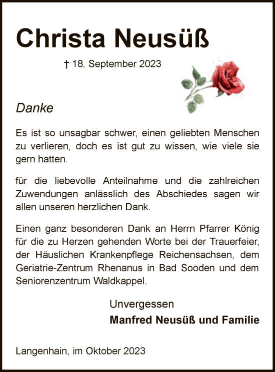 Todesanzeige von Christa Neusüß von WRS