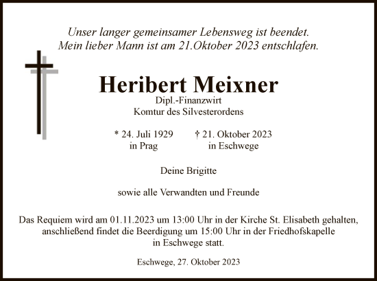 Todesanzeige von Heribert Meixner von WRS