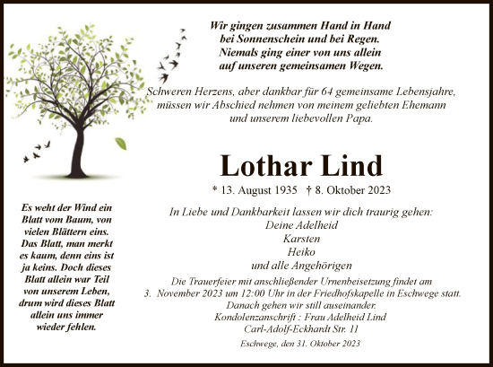 Todesanzeige von Lothar Lind von WRS