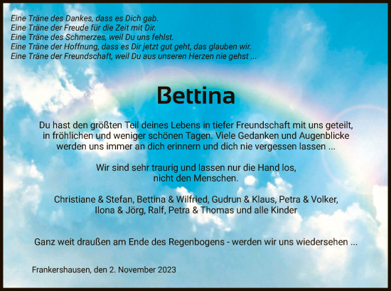 Todesanzeige von Bettina  von WRS
