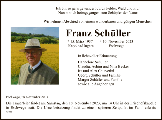 Todesanzeige von Franz Schüller von WRS