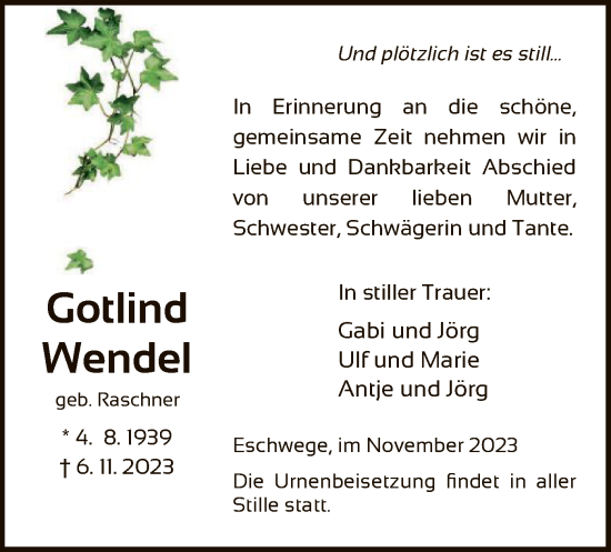 Todesanzeige von Gotlind Wendel von WRS