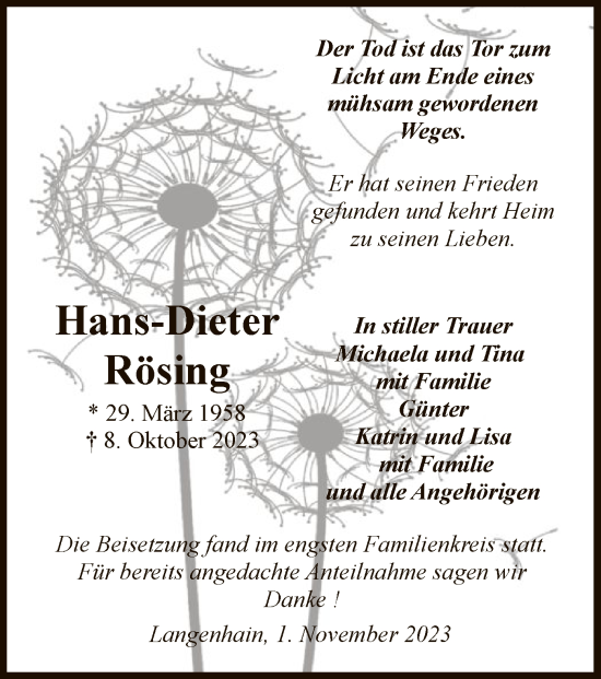 Todesanzeige von Hans-Dieter Rösing von WRS
