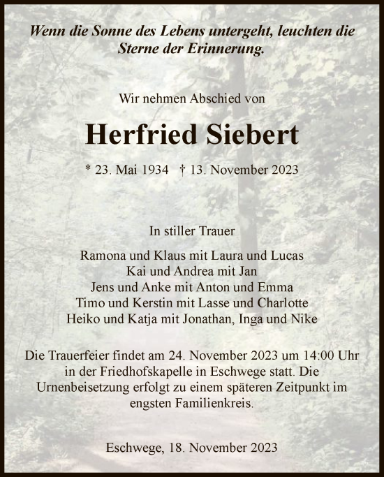 Todesanzeige von Herfried Siebert von WRS