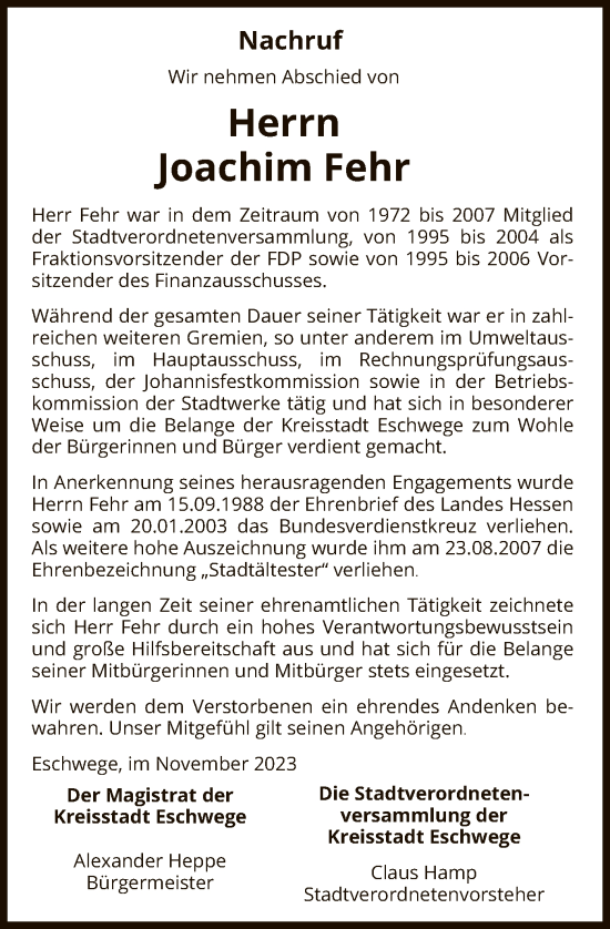 Todesanzeige von Joachim Fehr von WRS